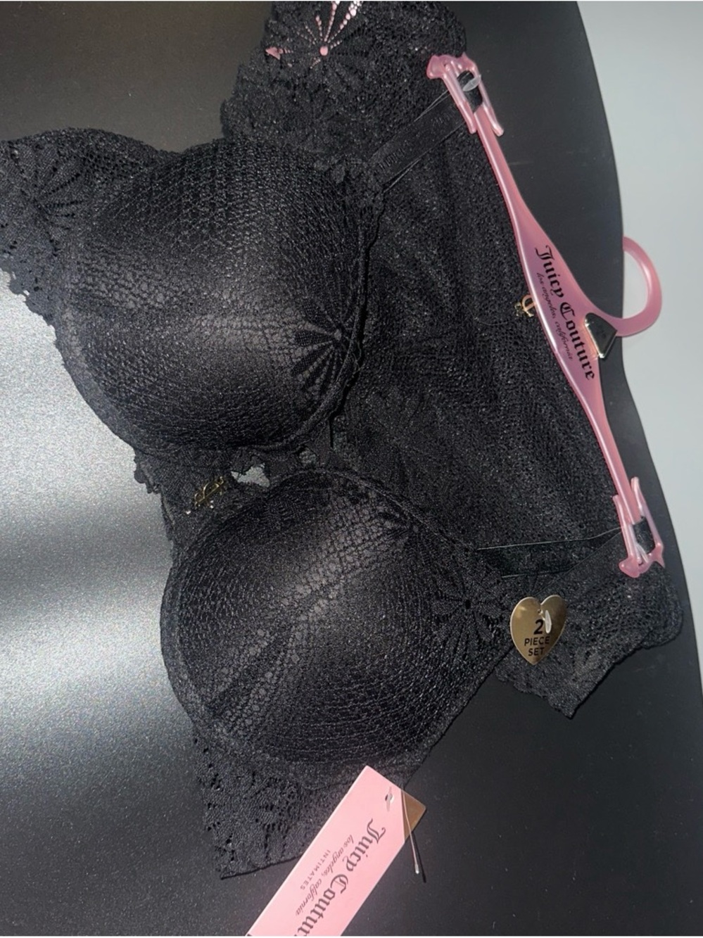 Juicy Couture Black Lace Padded Bra Set with Pink Hanger Accent